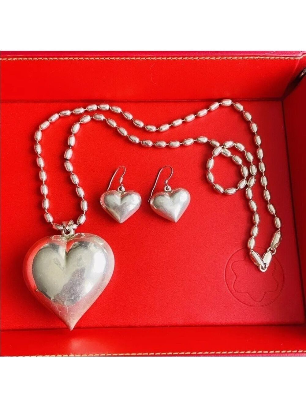 Puffy 3D Heart Sterling Silver Pendant Necklace & Earrings Set